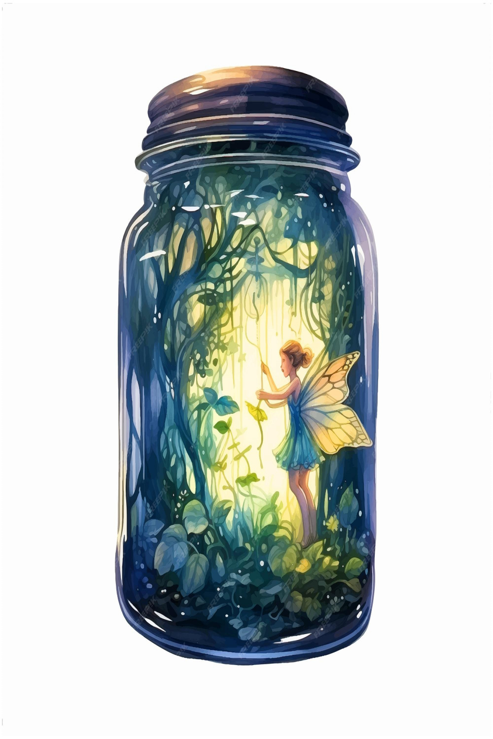 Premium Vector  Fairy in nature inside a glass jar watercolor paint