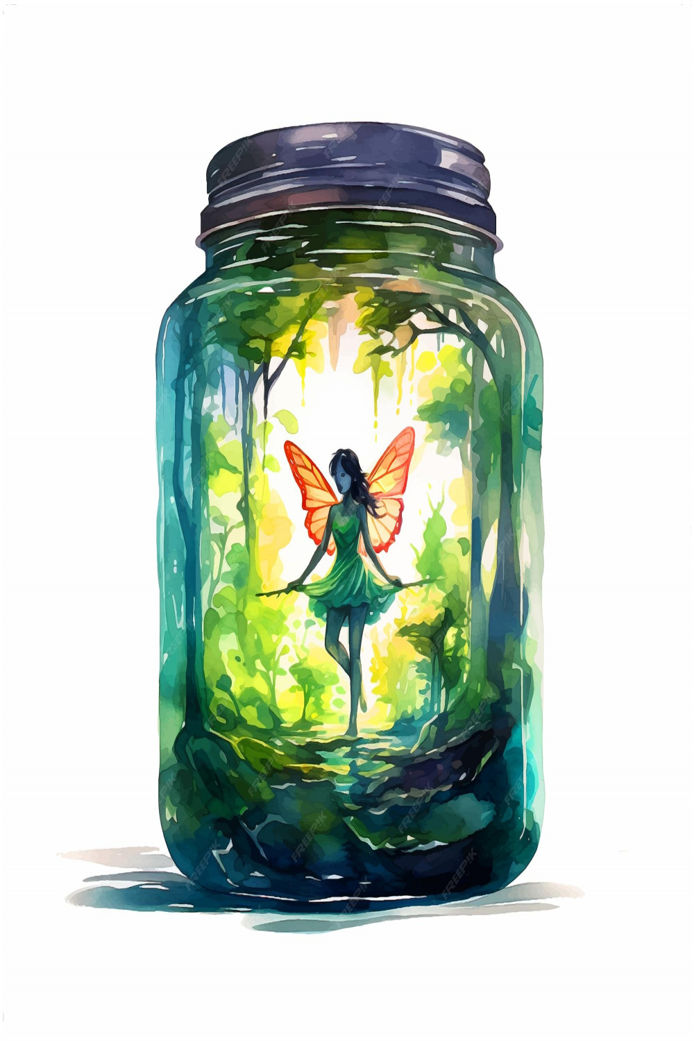 Premium Vector  Fairy in nature inside a glass jar watercolor paint