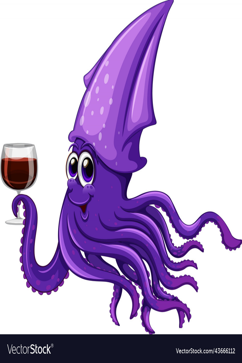 Purple squid drinking wine cartoon character Vector Image