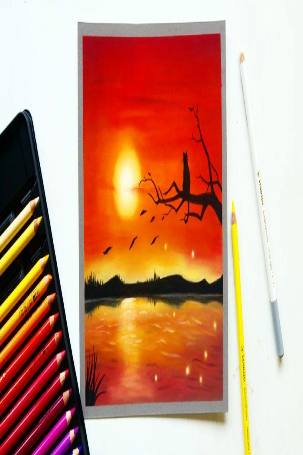 Red sunset drawing with pastel pencils  Leontine van vliet