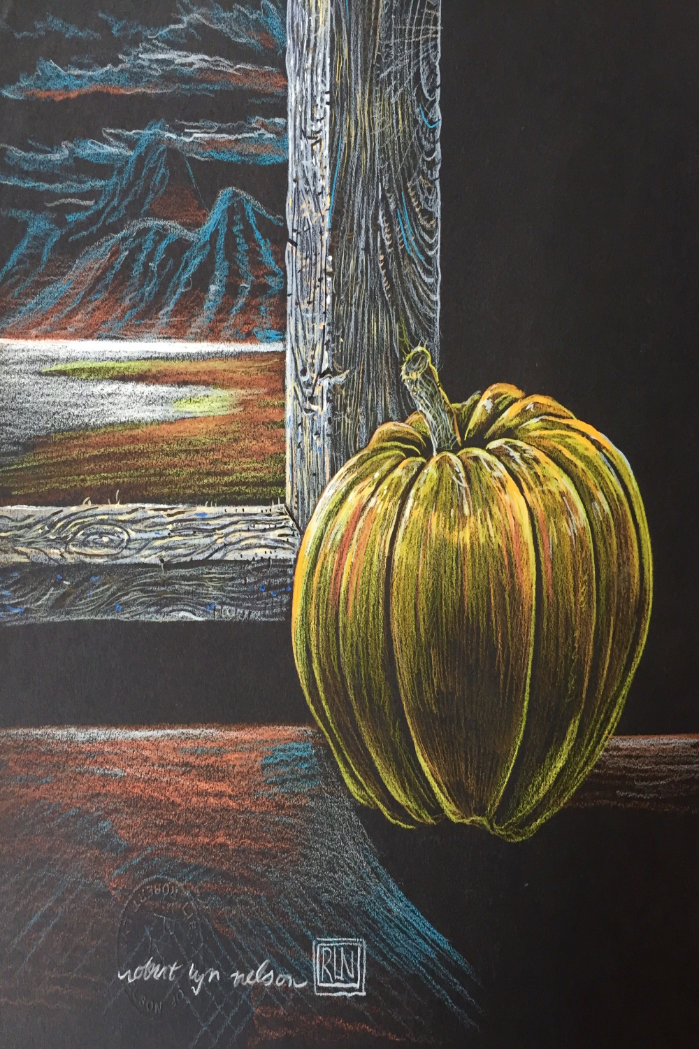 Robert Lyn Nelson drawing "Night Pumpkin" x Pencil on black