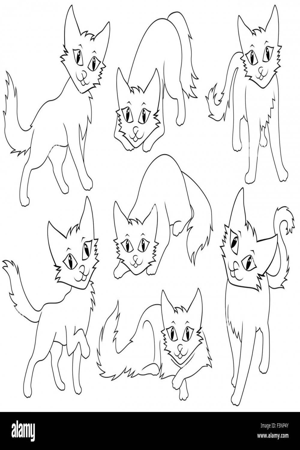 Seven funny cartoon cats over white background, hand drawing