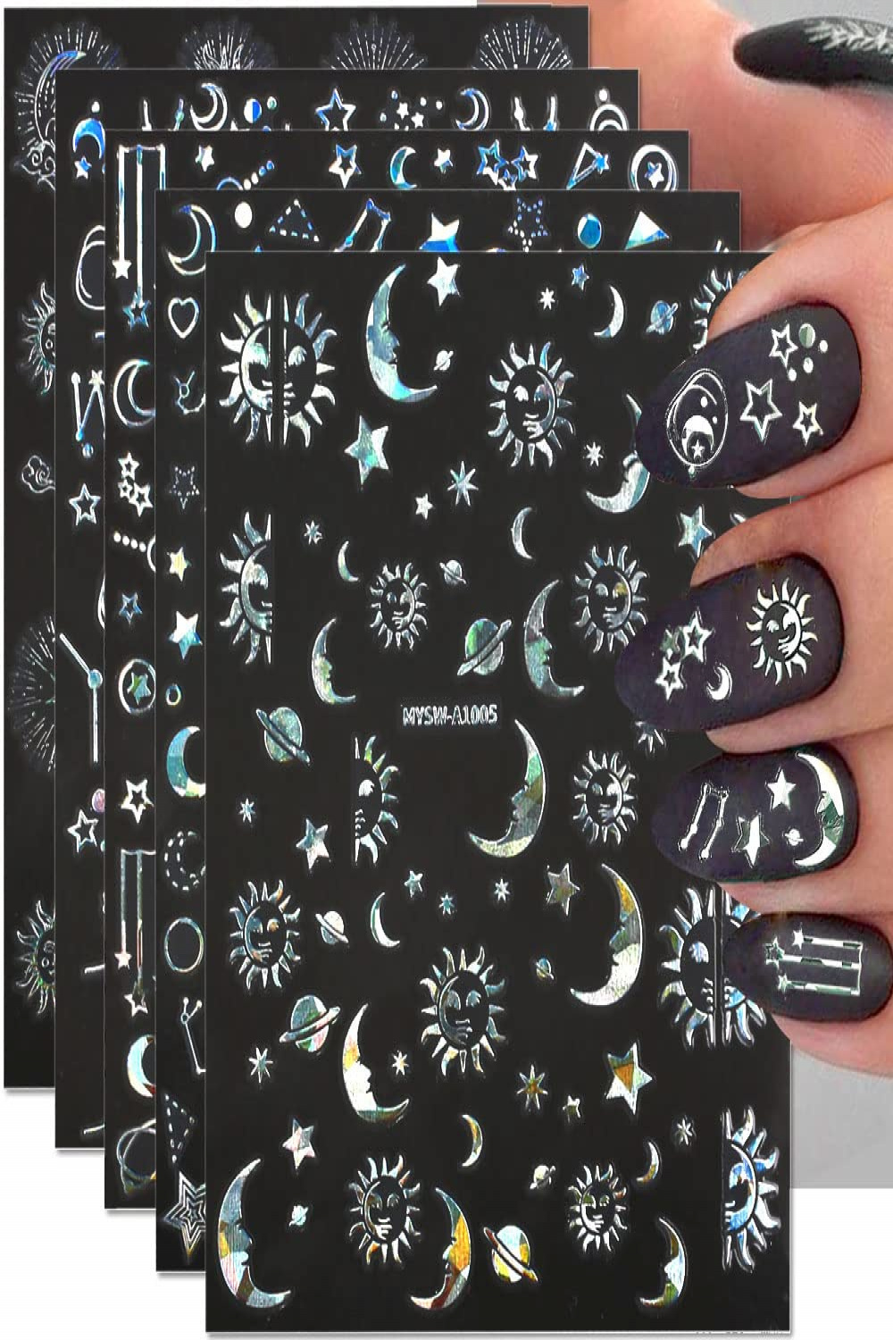 Sheets D Sun Moon Star Nail Stickers Self-Adhesive Nail Stickers  Holographic Laser Silver Nail Stickers Stars Sun Moon Planets Aurora Nail  Stickers