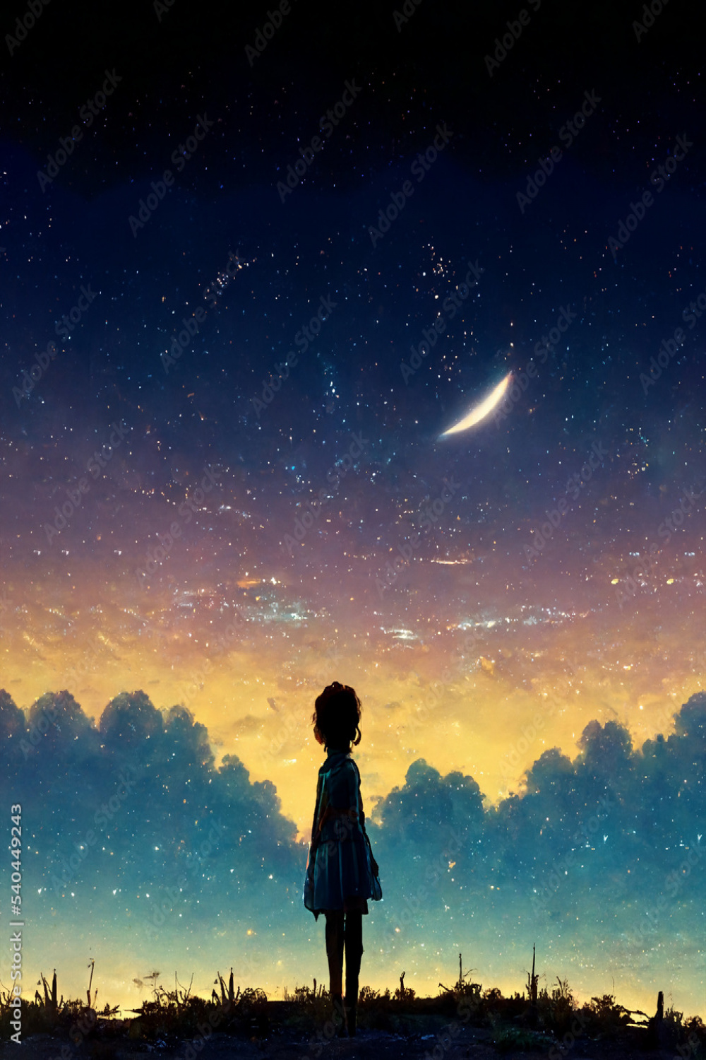 Silhouette of girl looking the sky at night