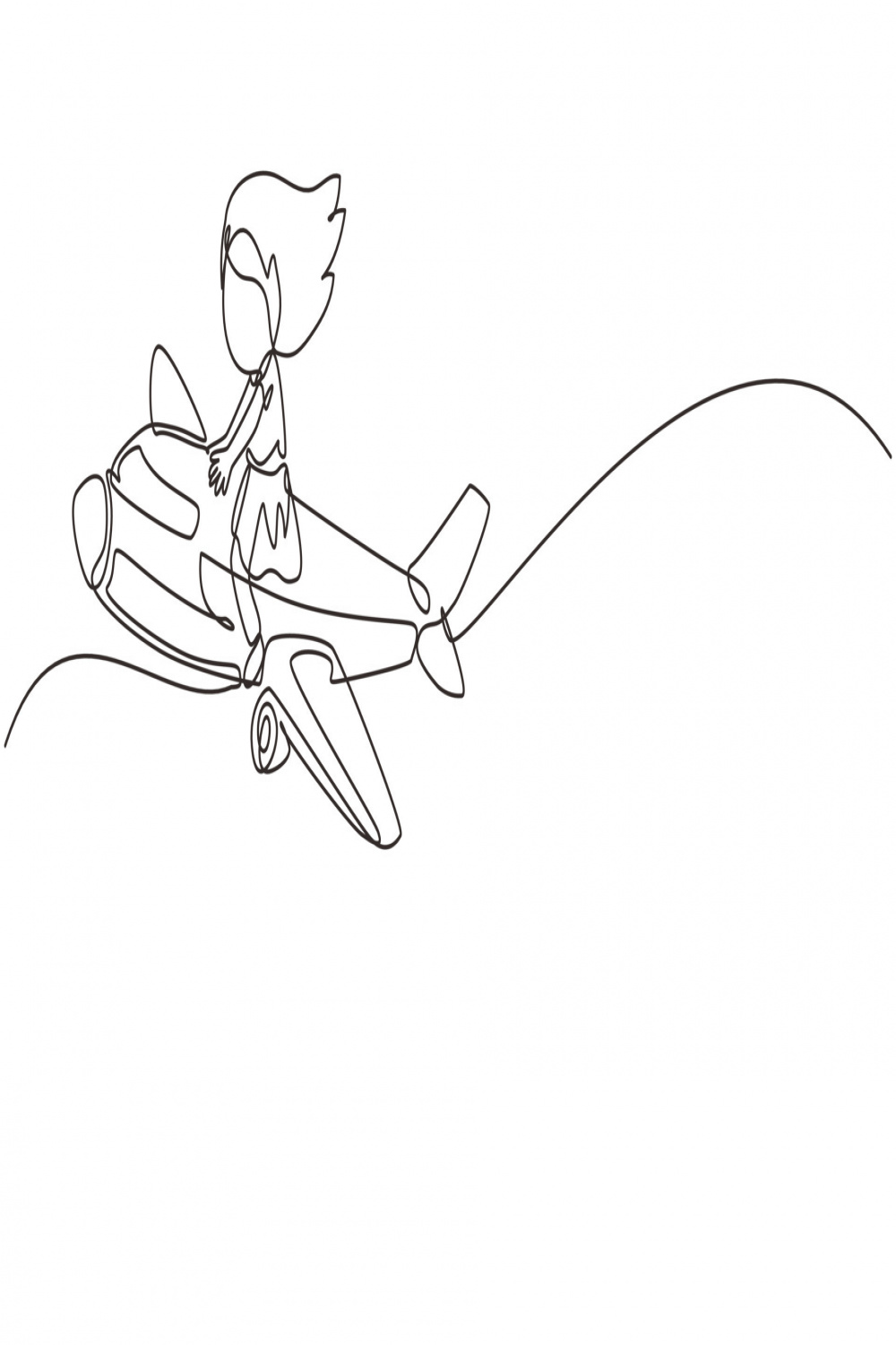 Single one line drawing cute little girl riding plane