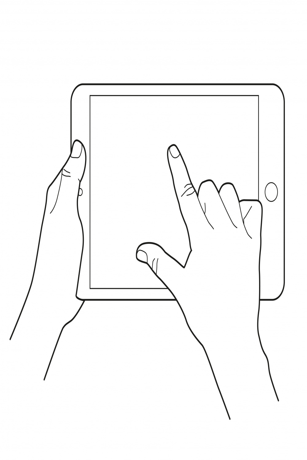 Sketch of hand holding a tablet and finger touching blank screen
