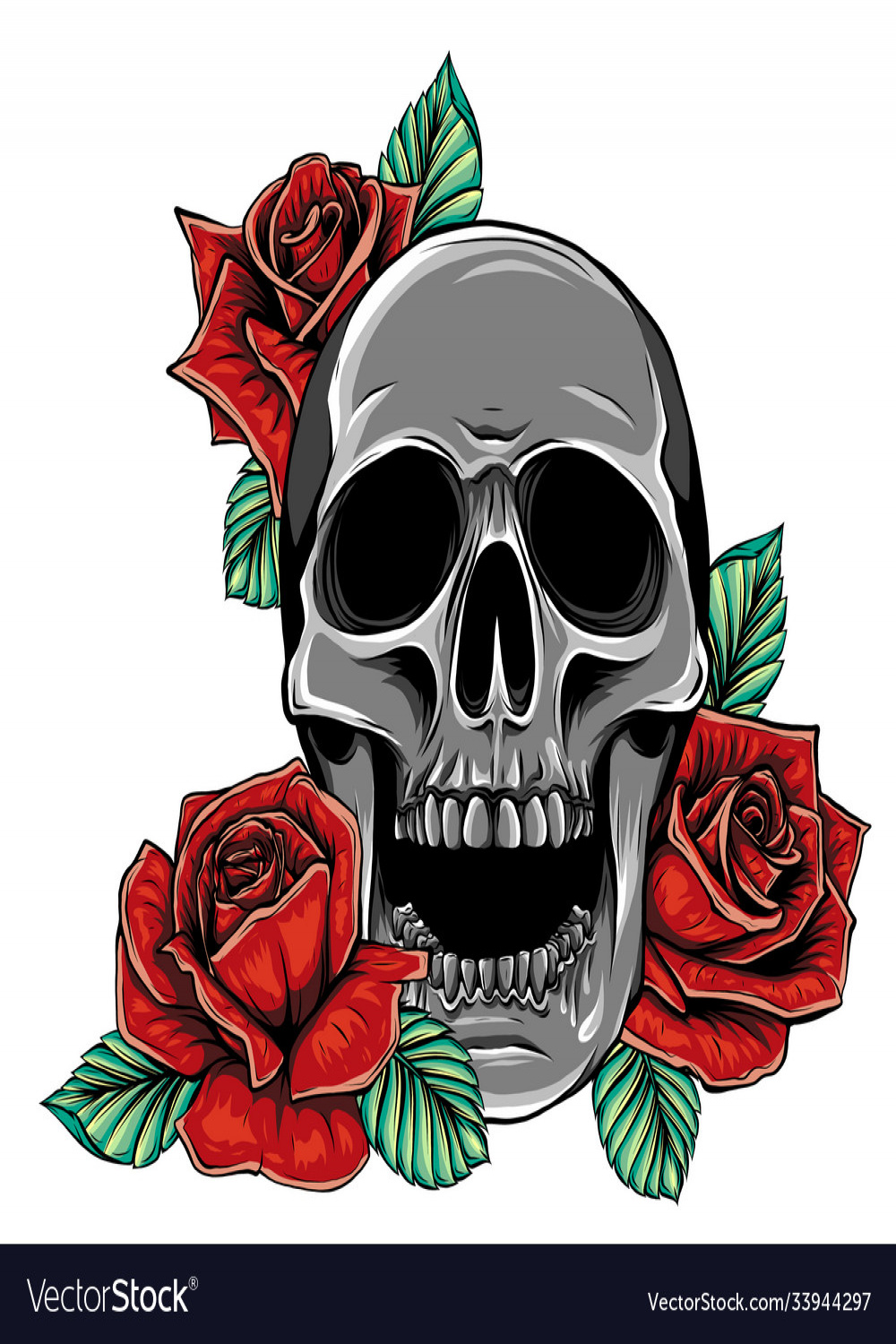 Skull with flowers roses drawing hand Royalty Free Vector