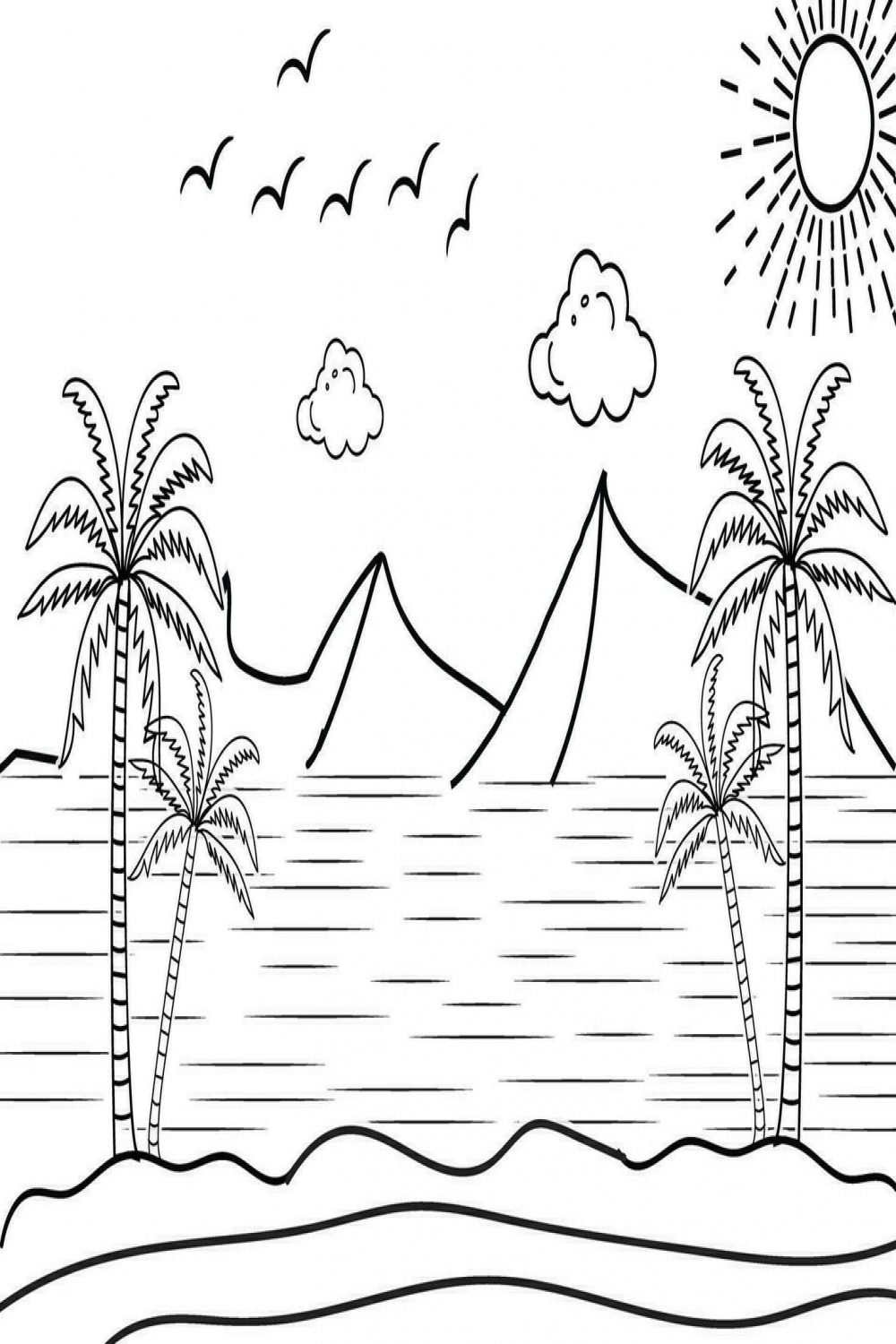 Summer sunset tropical beach line art vector illustration, hand