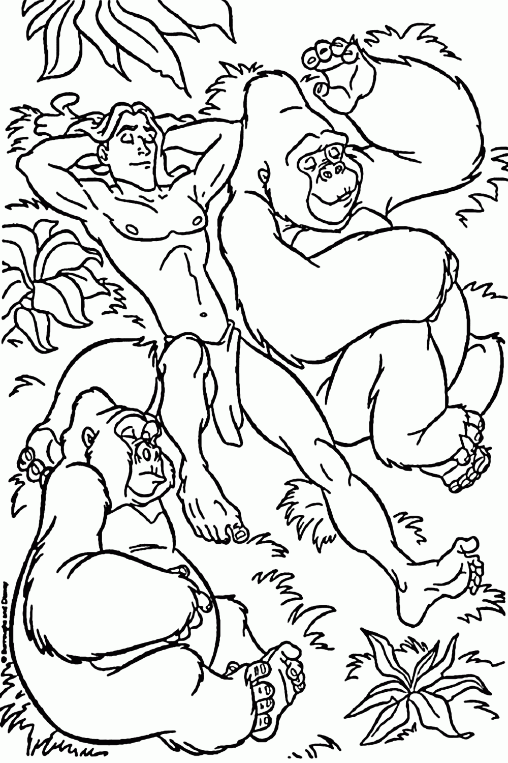 Tarzan and the gorilla sleep coloring pages for kids, printable