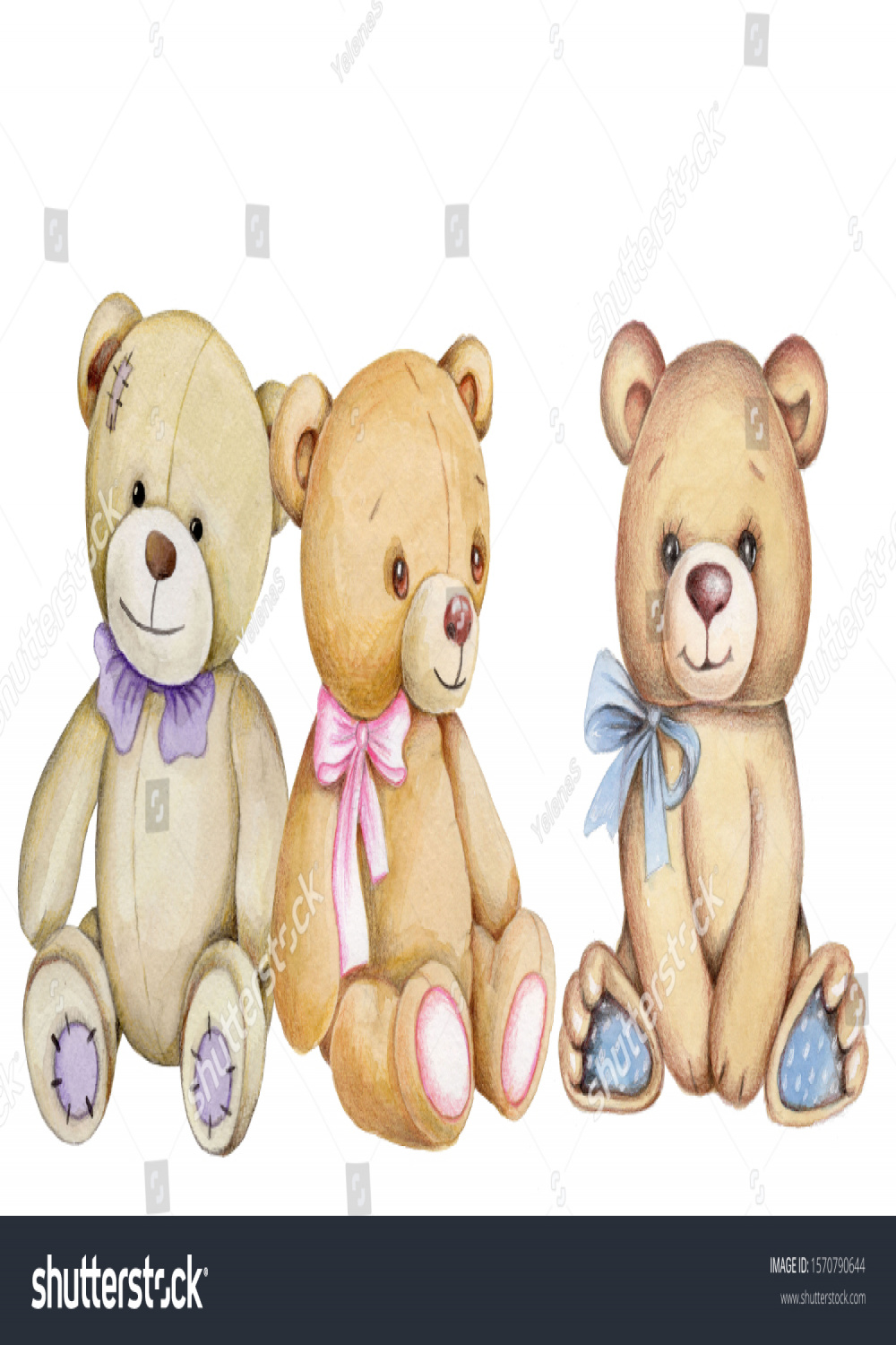 Three Cute Cartoon Teddy Bears Sitting Stock Illustration
