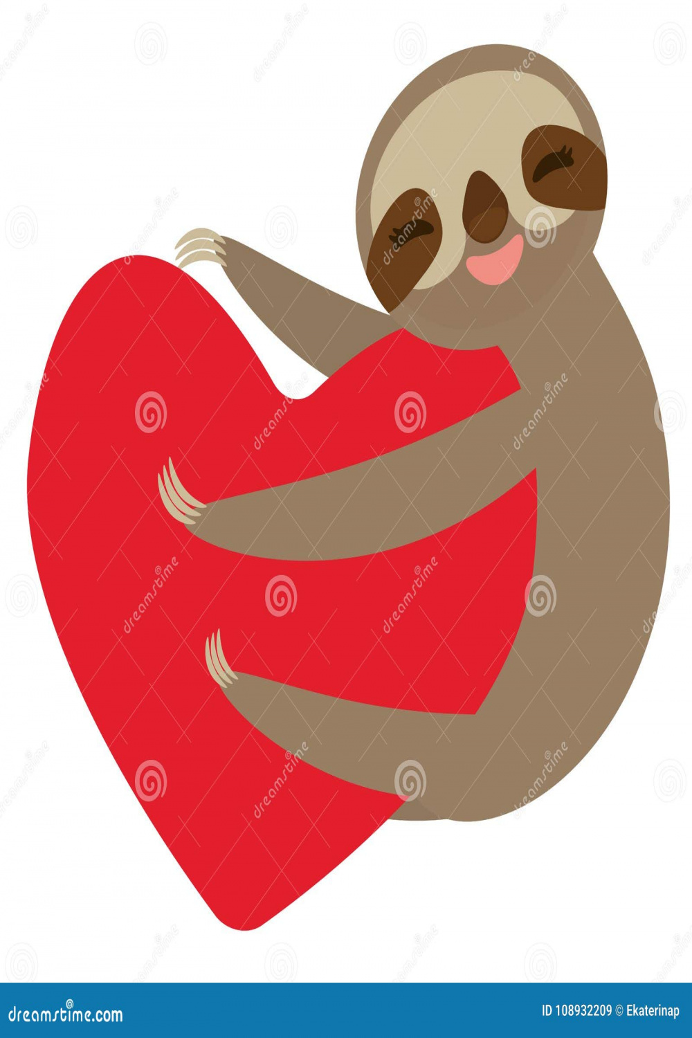 Three-toed Sloth Holding Red Heart, Isolated on White Background
