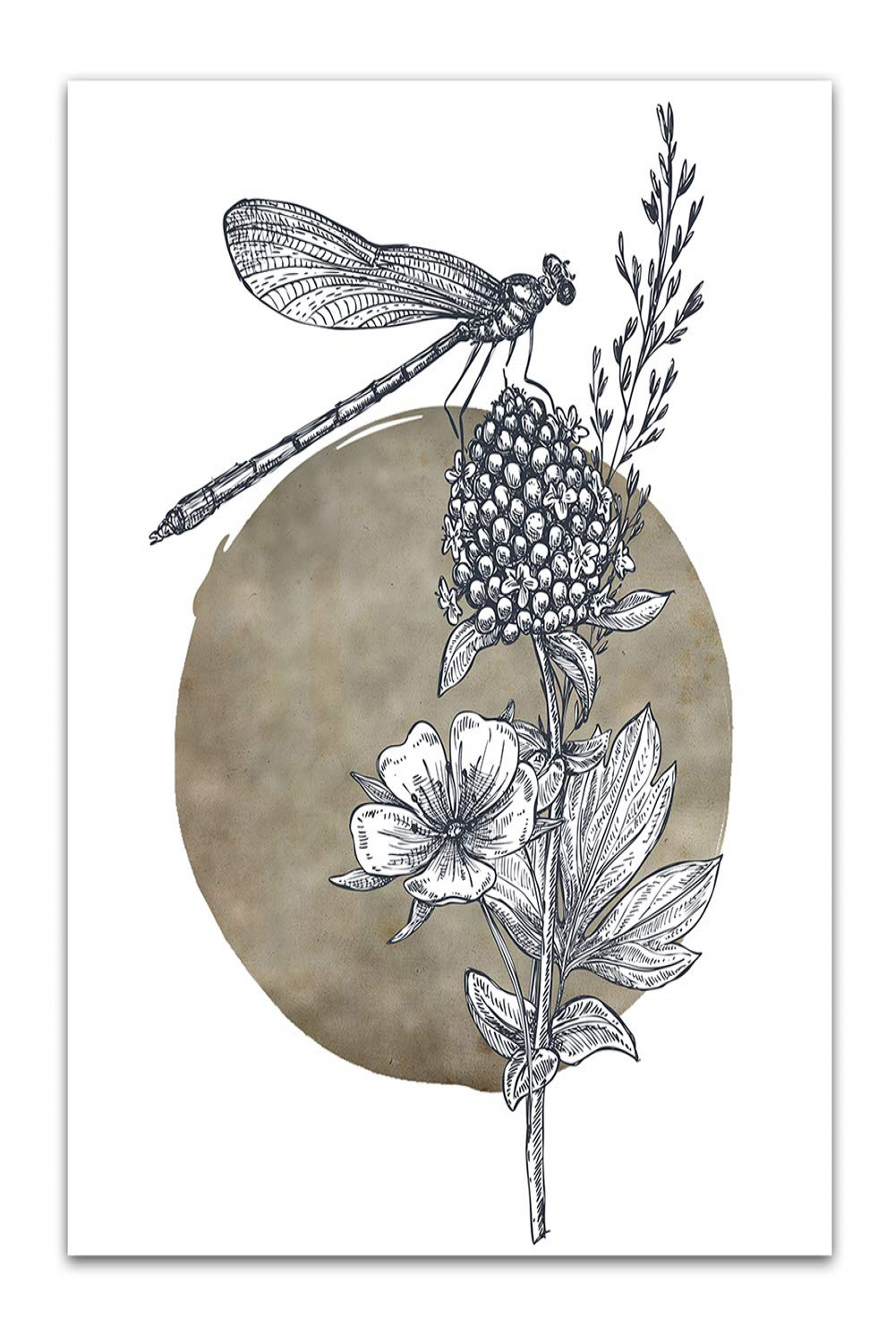 TJ Originals Full Moon Line Art Wild Flowers Dragonfly Abstract Wall Art -  Unframed  x  Black & White Print - Makes a Great Gift for Family &