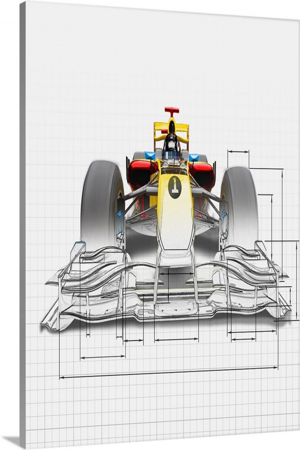 Unfinished drawing of yellow race car with driver Wall Art, Canvas