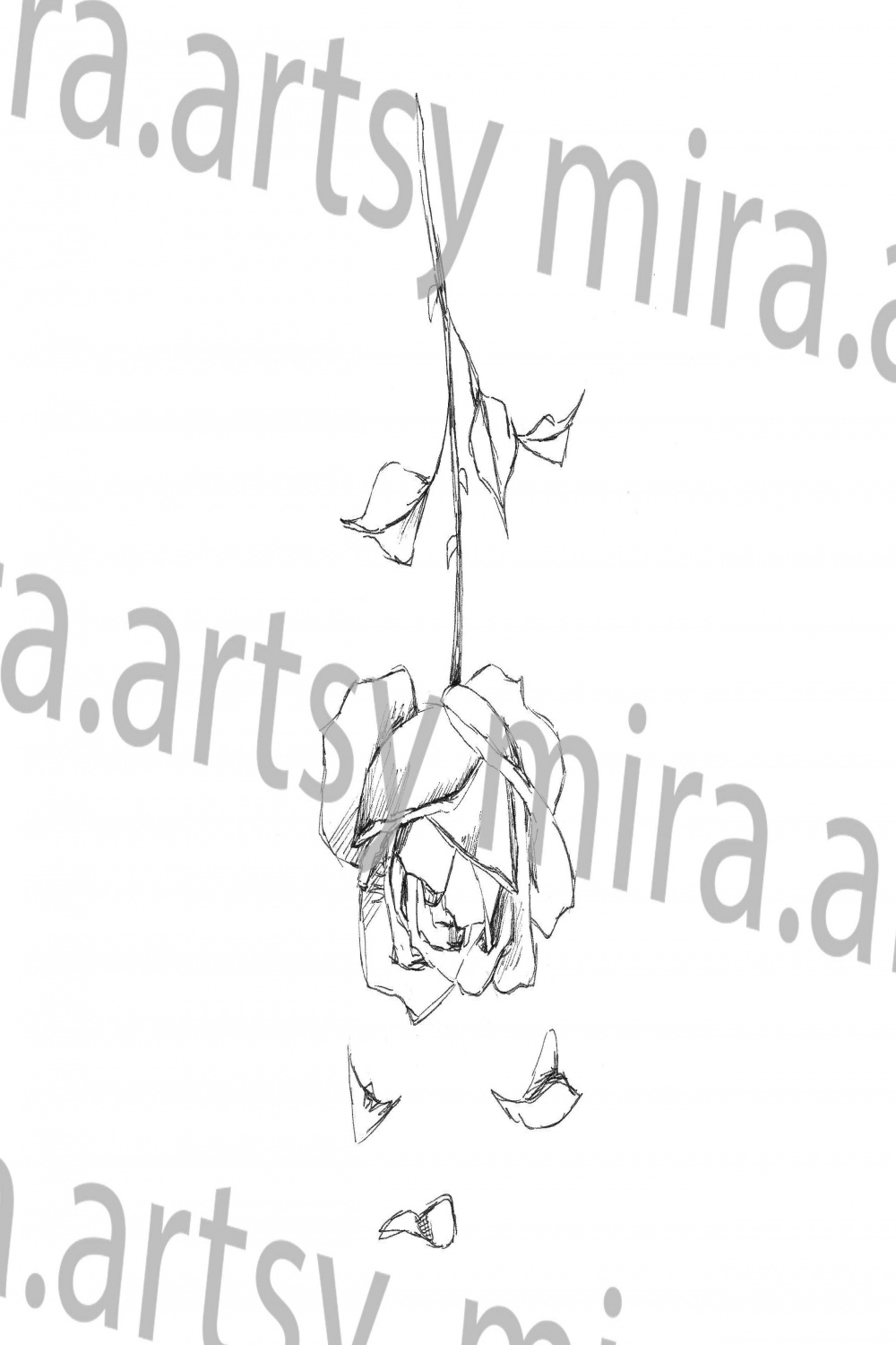 Upside Down Rose Drawing Scan DIGITAL DOWNLOAD for Tattoo Design