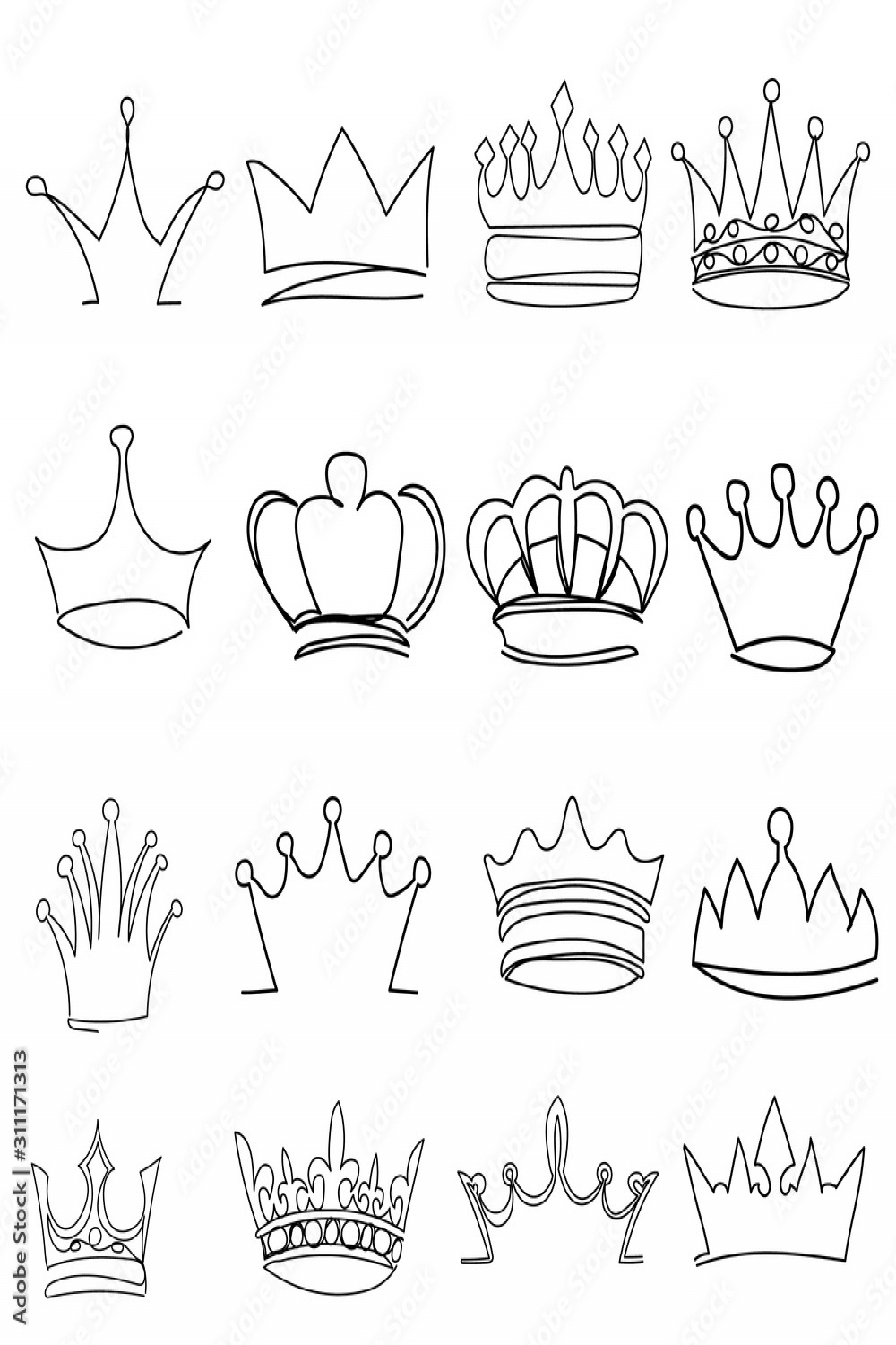 vector, isolated, crown drawing in one continuous line, set Stock
