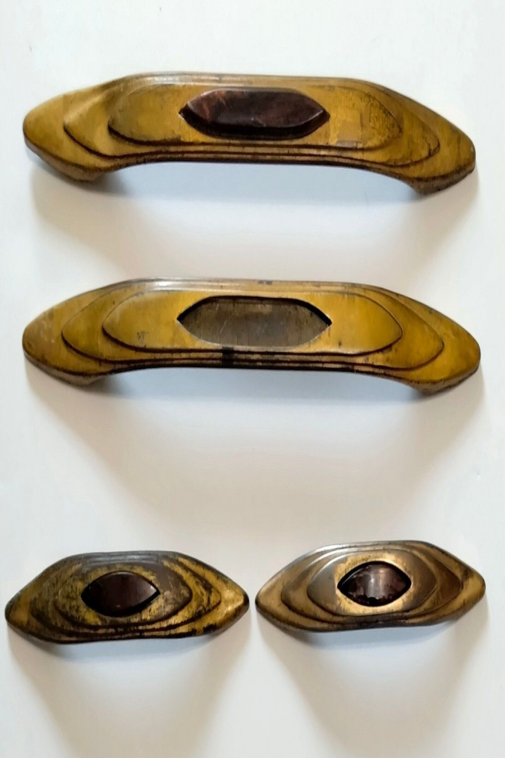 VTG  Art Deco Waterfall Bakelite Pressed Steel Drawer Pulls