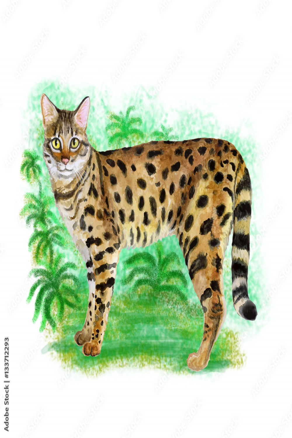 Watercolor portrait of Safari cute wild cat with dots, stripes