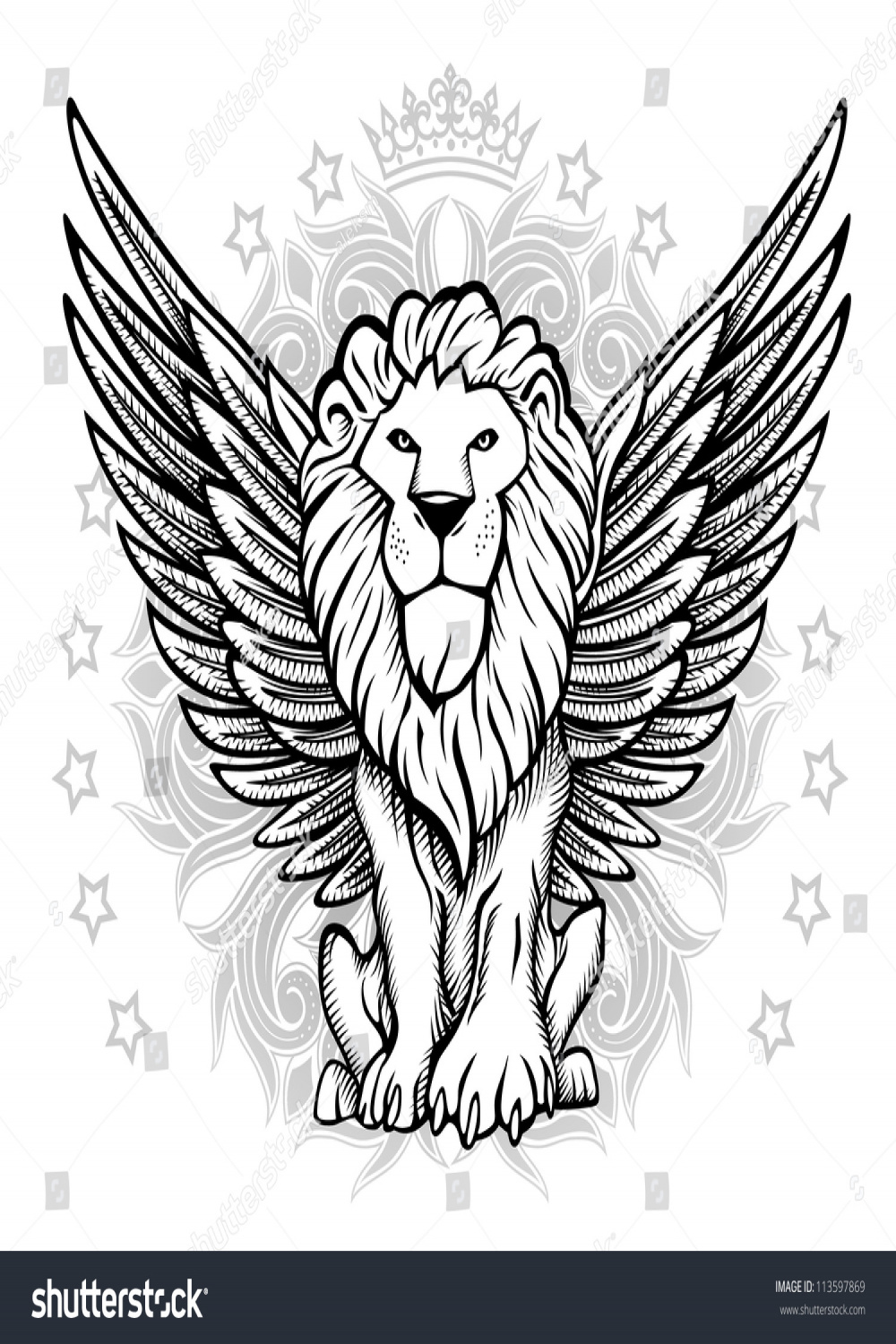 Winged Lion Front View Drawing Stock Vector (Royalty Free