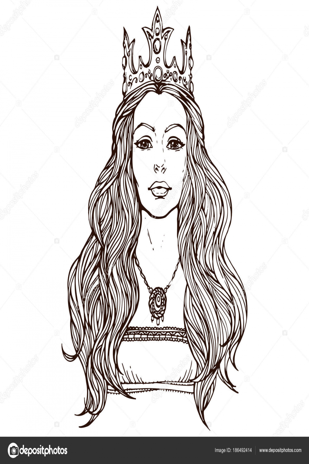 Woman Crown Long Hair Qween Portrait Ink Hand Drawn Line Stock