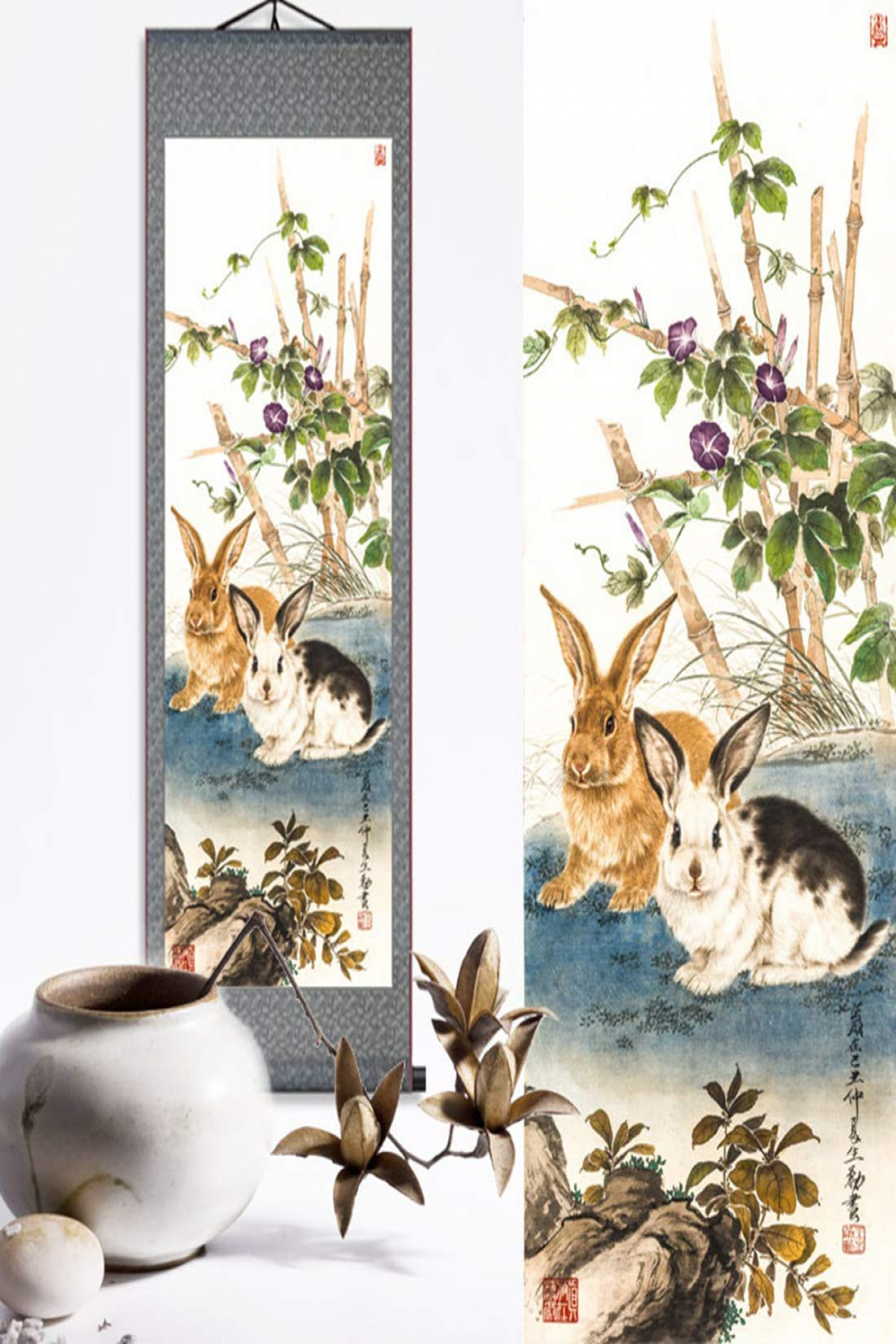Zzooi Chinese Zodiac Sign for Drawing Rabbit Wall Art Hanging Silk Painting  Scroll Drawing Rabbit