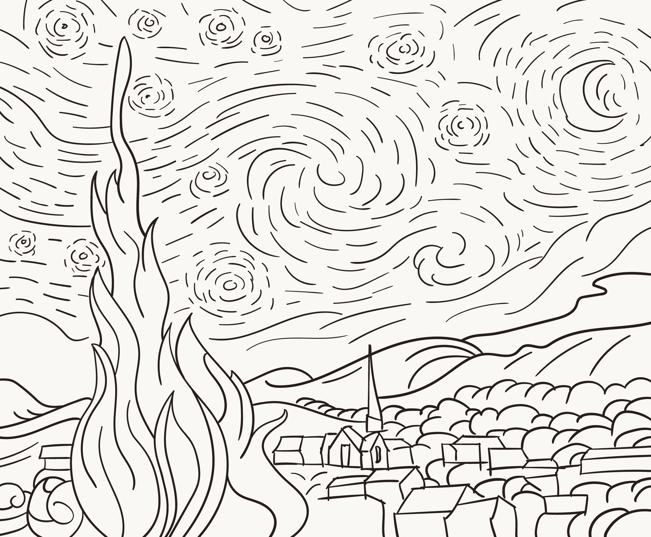 50 Printable Starry Night Coloring Page 1