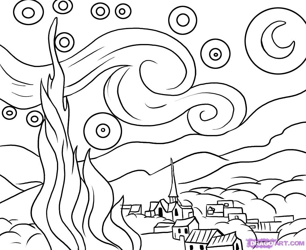 50 Printable Starry Night Coloring Page 35