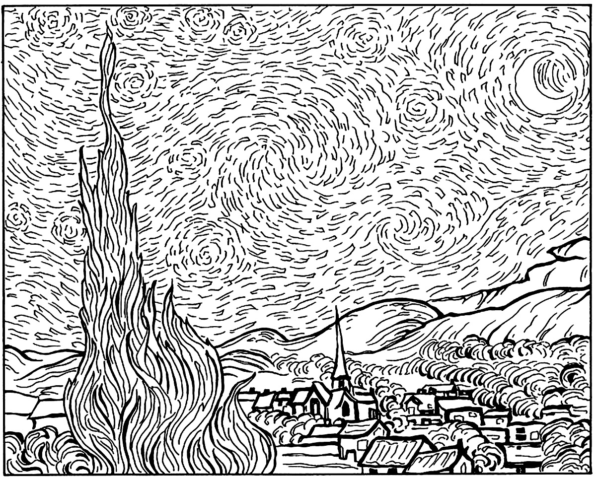 50 Printable Starry Night Coloring Page 4